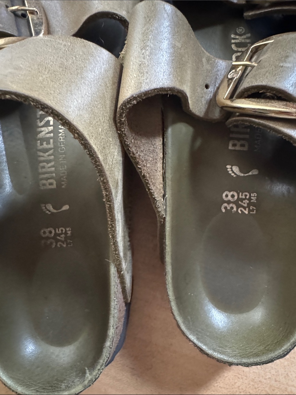 Birkenstock Two-Strap Sandals in Olive with Gold Buckles - Picture 4 of 6